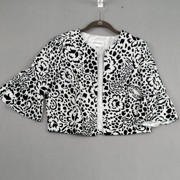 Studio I Jacket Cropped Open Front Floral Pattern Cardigan Black White Size 12 - Picture 1 of 10